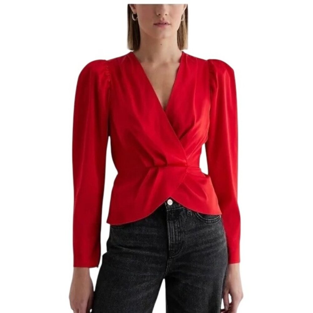 Express Peplum Top Size Medium Satin Puff Shoulder Draped Faux Wrap Red Chic NEW